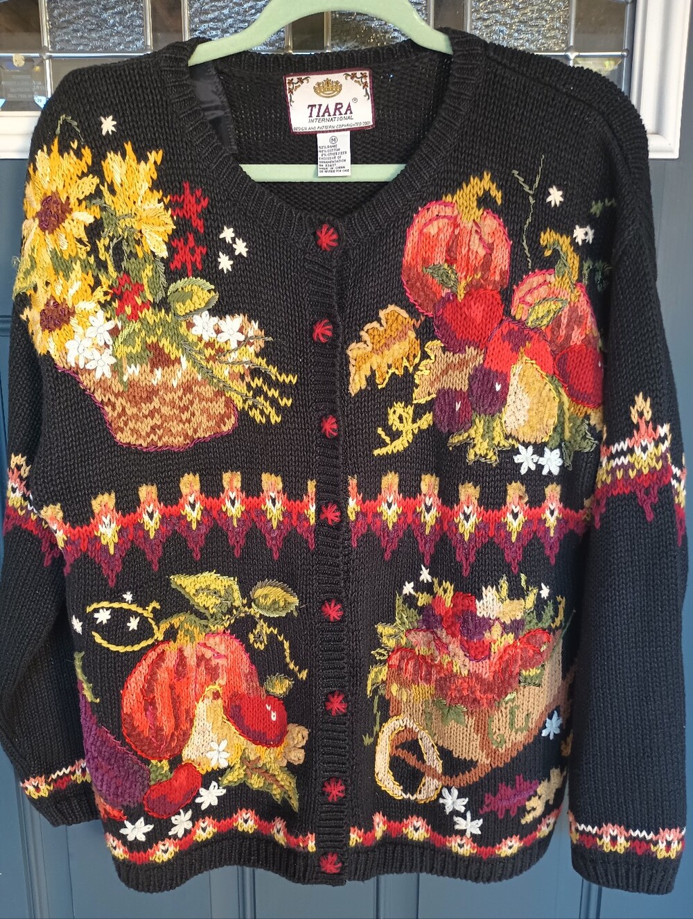 VTG Tiara International 2001 Sz M Black Flower Basket Pumpkins Flower Cart Y2K